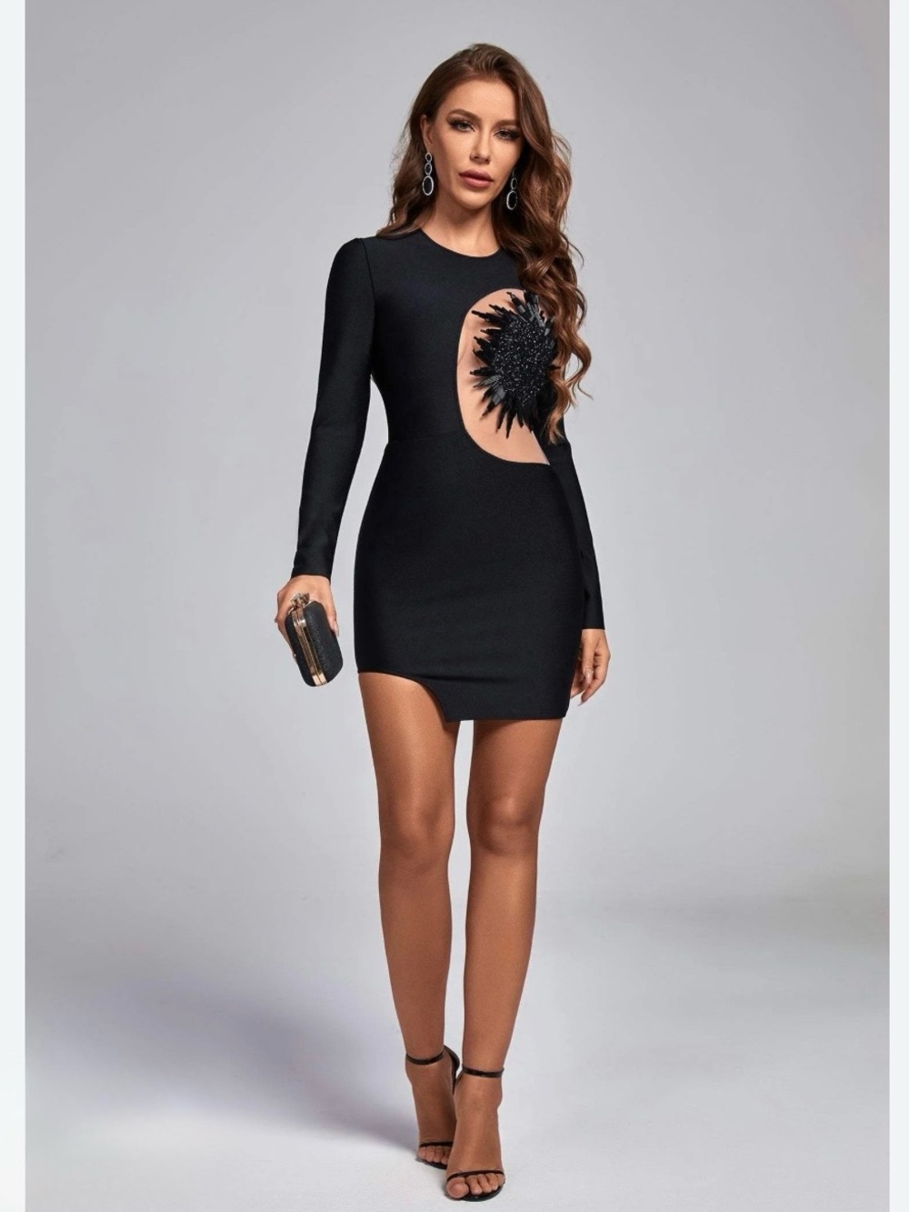 Black Long-Sleeve Mini Dress with Decorative Sunburst Cutout